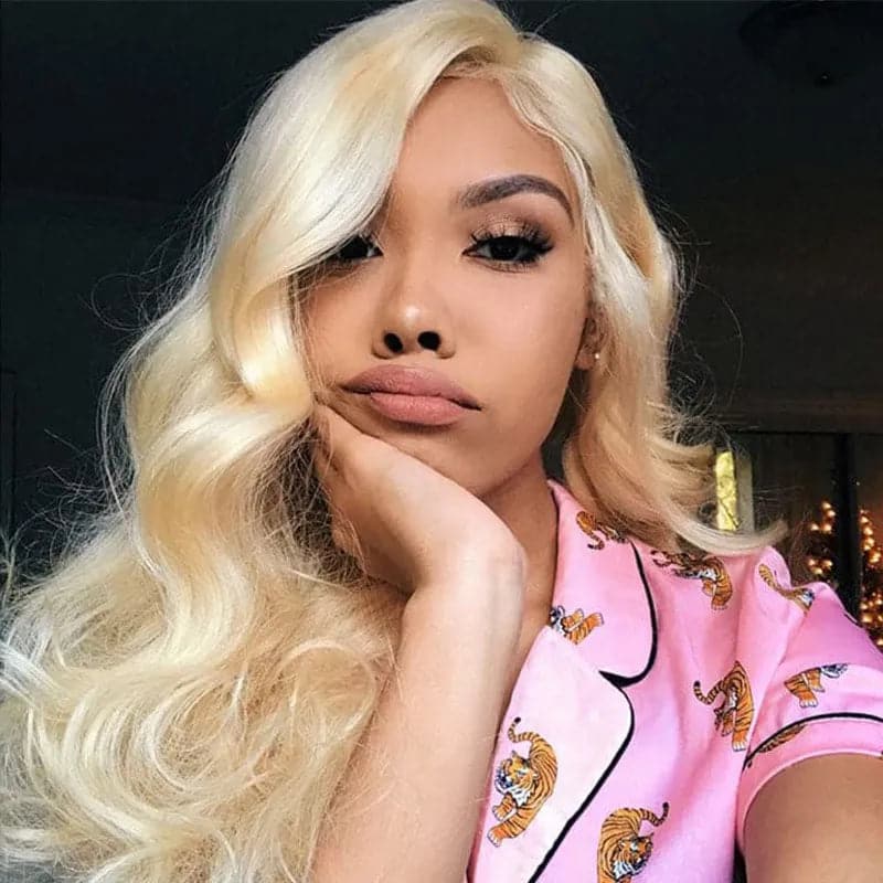 Ywigs #613 Platinum Blonde Body Wave Full Lace Human Hair Wig front view showing soft waves and platinum blonde color
