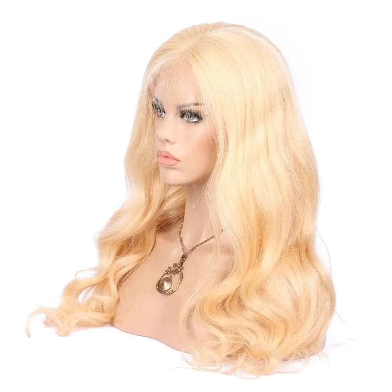 Side view of Ywigs #613 Platinum Blonde Body Wave Full Lace Human Hair Wig showing flowing waves and natural volume