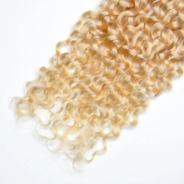 Detailed view of Ywigs #613 Platinum Blonde Water Wave Human Crochet Hair showing the texture and light blonde strands