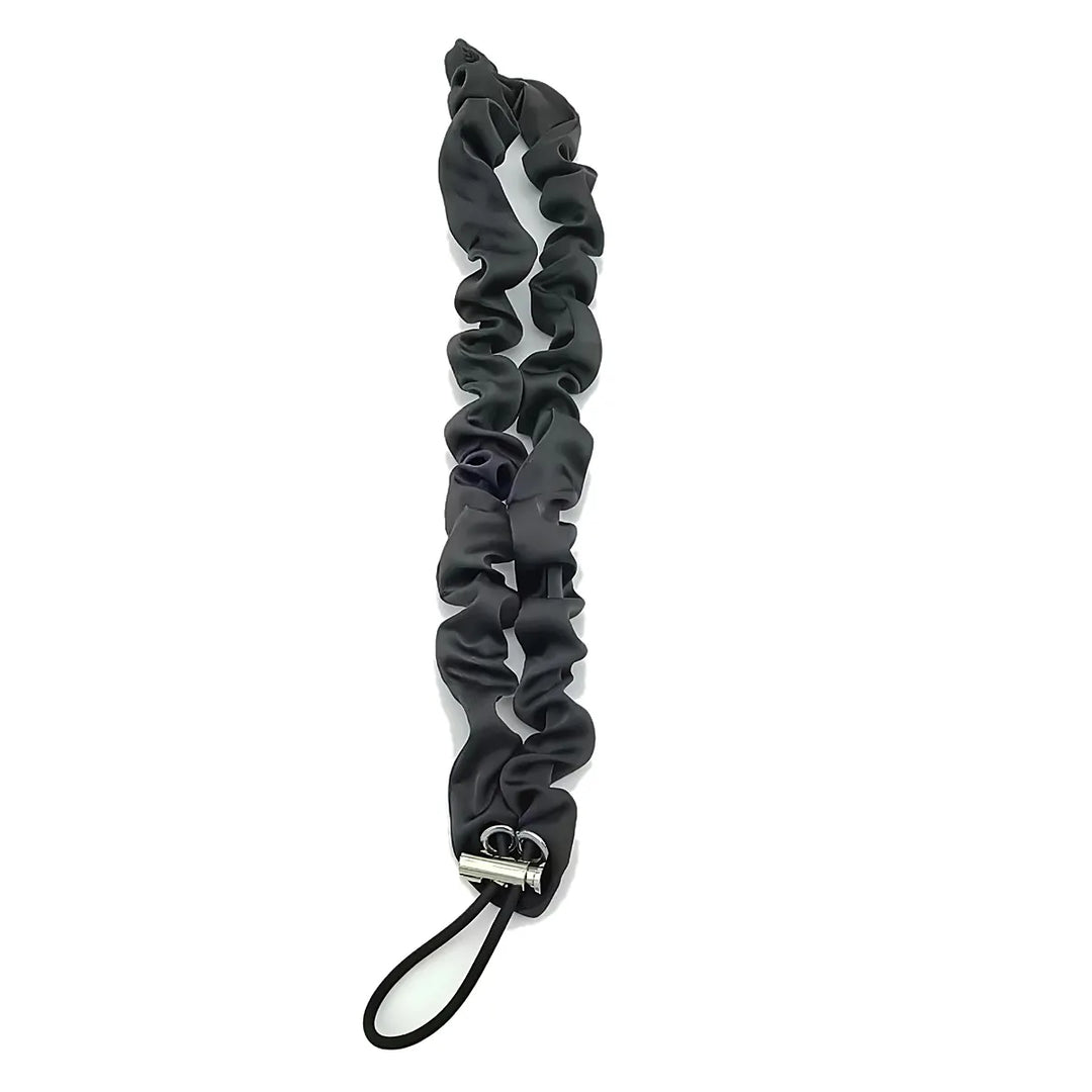 Ywigs black adjustable satin hair scrunchy front view with metal slider and elastic loop soft smooth satin hair tie for ponytail hairstyle