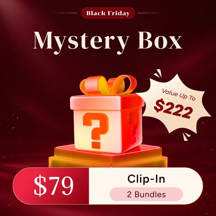 Ywigs Black Friday Clip-In Hair Extensions Mystery Box for $79, featuring 2 bundles of Silky Straight or Deep Curl hair, valued at up to $222