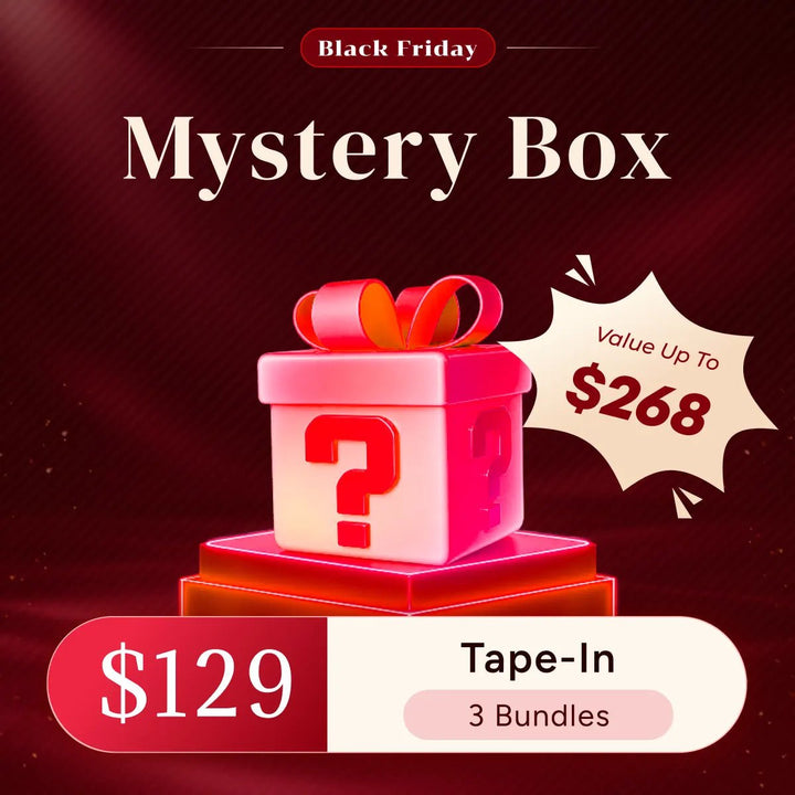 Ywigs Black Friday Tape-In Hair Extension Mystery Box featuring 3 bundles of Silky Straight or Natural Wavy hair for $129, with a value of up to $268