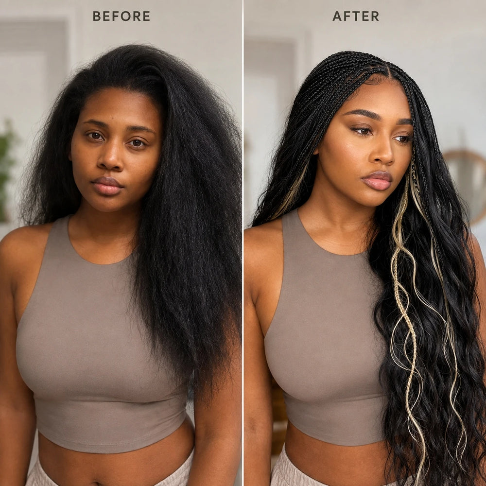Before and after installation of Ywigs body wave bulk human braiding hair showing a full braided hairstyle transformation