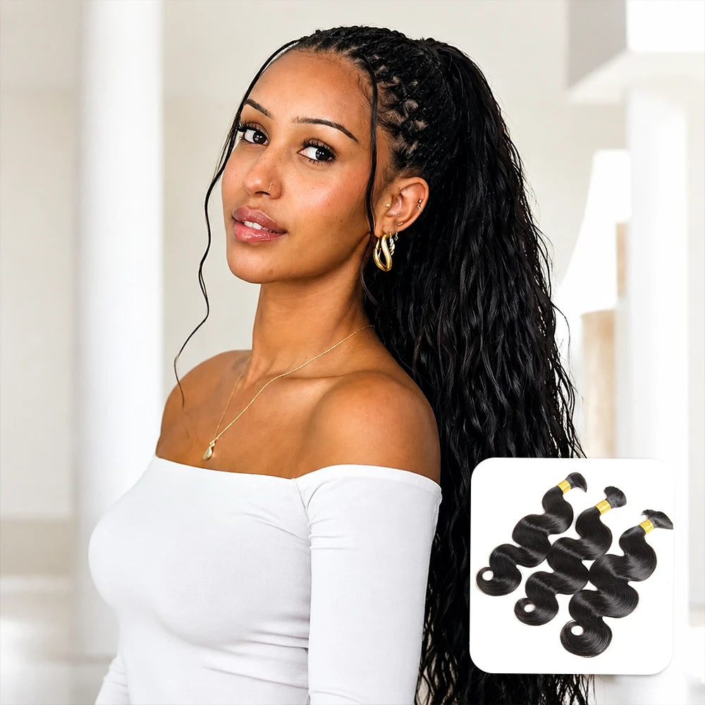 Front view of Ywigs body wave bulk human braiding hair showing soft waves and natural volume