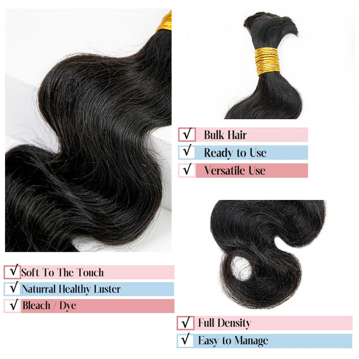 Ywigs body wave bulk human braiding hair showing defined body wave texture and natural sheen