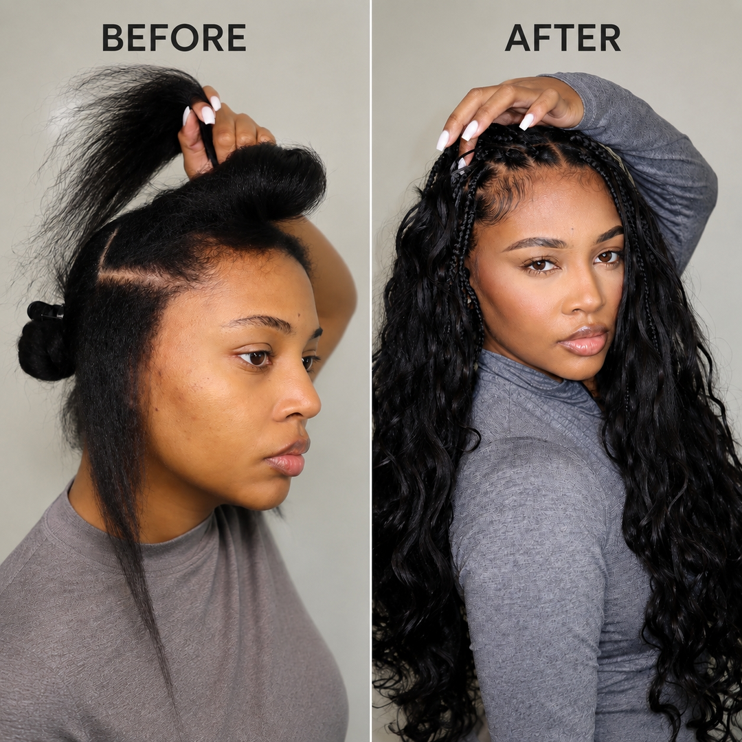 Before and after installation of Natural Black body wave human crochet hair for crochet braids transformation Ywigs