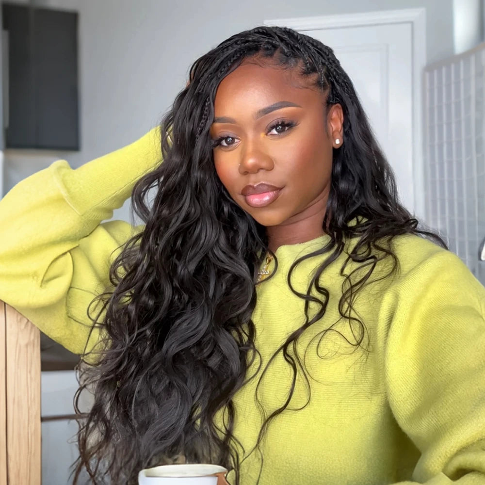 Model wearing Ywigs Natural Black Body Wave human crochet hair for trendy crochet braids
