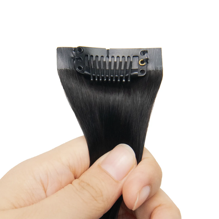 Close-up of Ywigs Invisible Edge Clip In Hair Extensions showing secure clips and seamless edge design