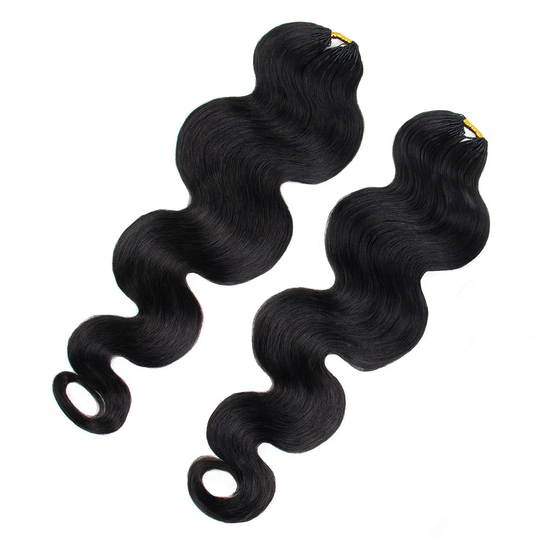 Close-up of two Ywigs Body Wave Miracle Knots Human Crochet Hair bundles showcasing their smooth, flowing wave pattern.