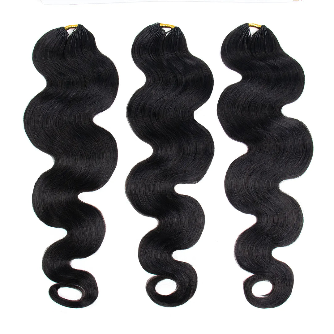Three bundles of Ywigs Body Wave Miracle Knots Human Crochet Hair in natural black, featuring soft, flowing body waves.