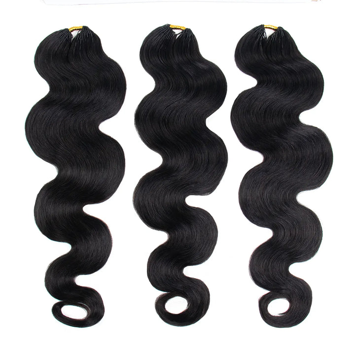 Three bundles of Ywigs Body Wave Miracle Knots Human Crochet Hair in natural black, featuring soft, flowing body waves.