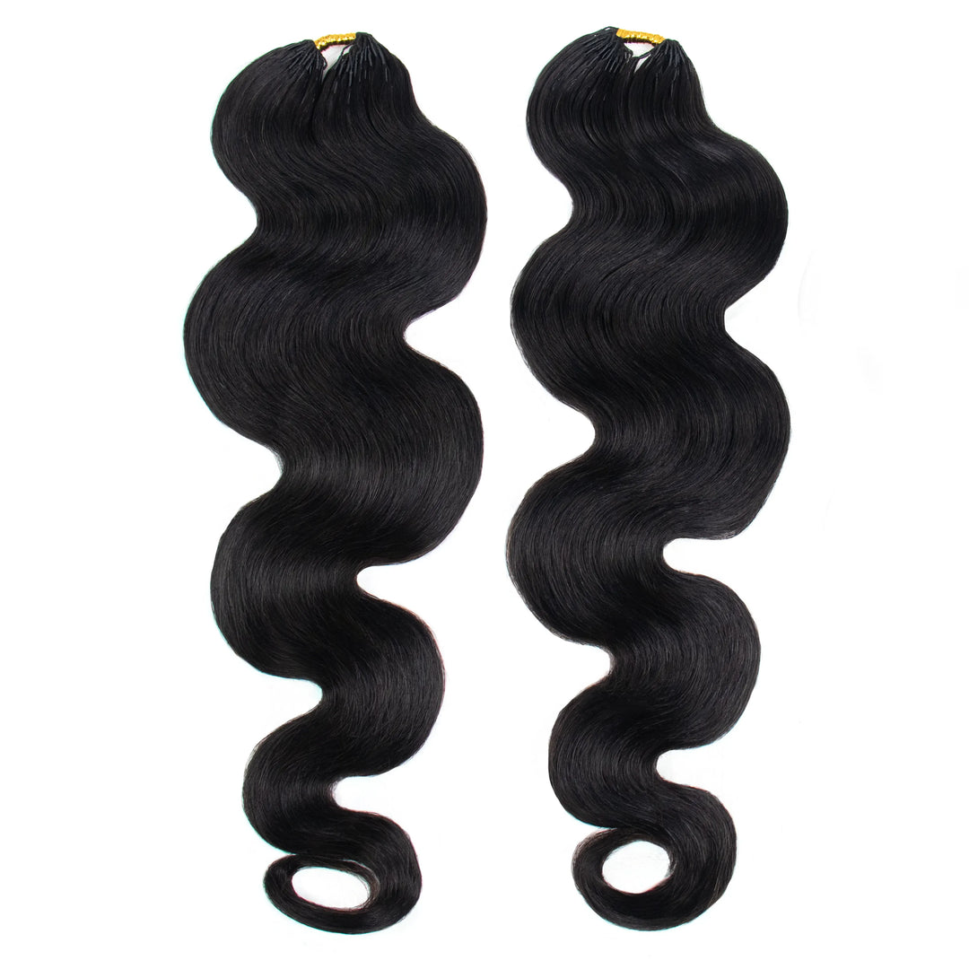 Two bundles of Ywigs Body Wave Miracle Knots Human Crochet Hair with defined S-shaped waves and a natural black finish.