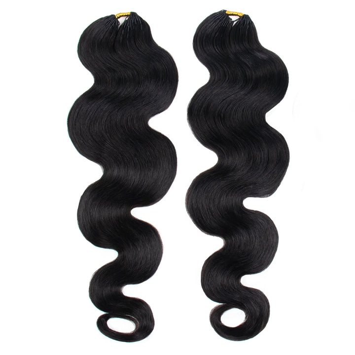 Two bundles of Ywigs Body Wave Miracle Knots Human Crochet Hair with defined S-shaped waves and a natural black finish.
