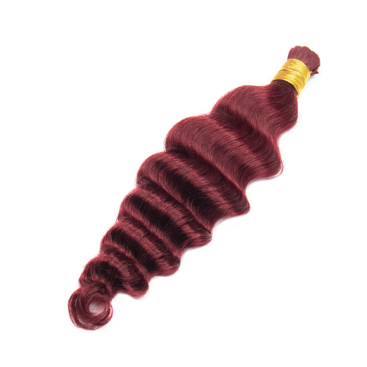 Close-up of Ywigs Burgundy Loose Deep Wave Bulk Human Braiding Hair showing defined loose deep wave pattern and soft texture