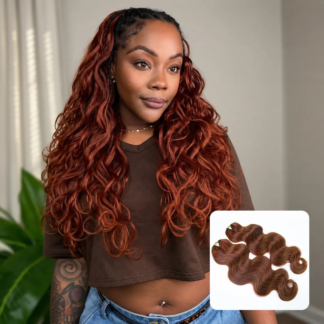 Ywigs Copper Color body wave feather crochet hair front view for warm tone crochet braid style
