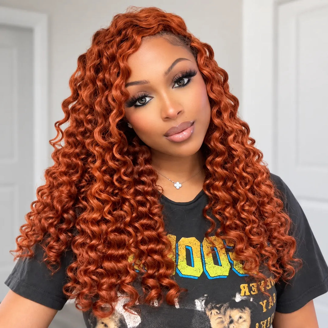 Side angle of Ywigs copper color deep wave human crochet hair showing warm metallic shine and defined deep wave texture for crochet braids