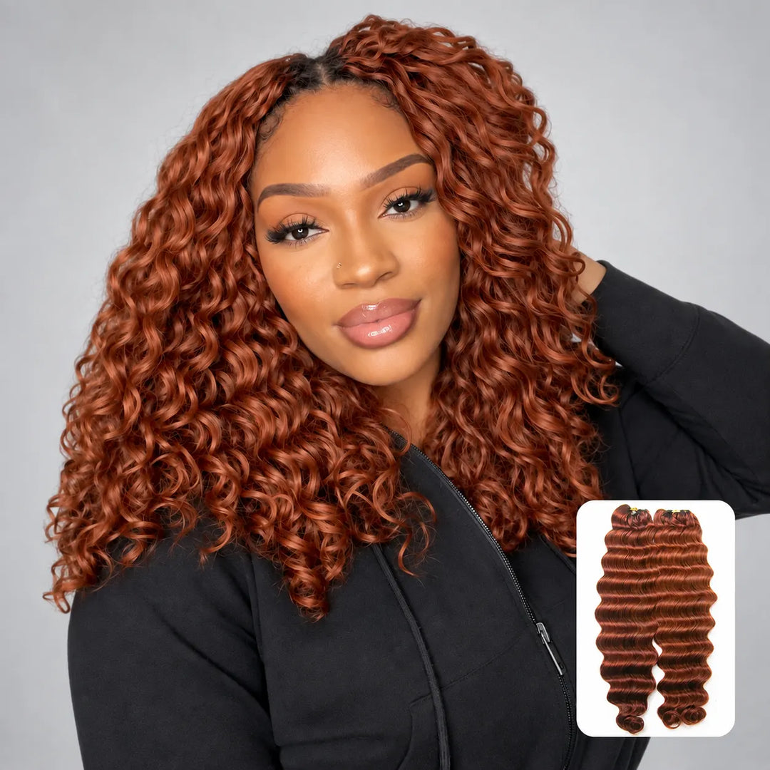 Ywigs copper color deep wave human crochet hair front view for warm tone crochet braid style