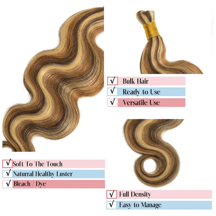 Close-up of Ywigs Customized #4/27/30 Body Wave Bulk Human Braiding Hair showing defined body wave pattern and dimensional color blend