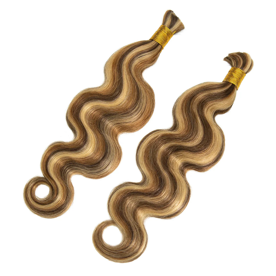 Detailed view of Ywigs Customized #4/27/30 Mix Color Body Wave Bulk Human Braiding Hair showing warm brown and honey tones with full texture