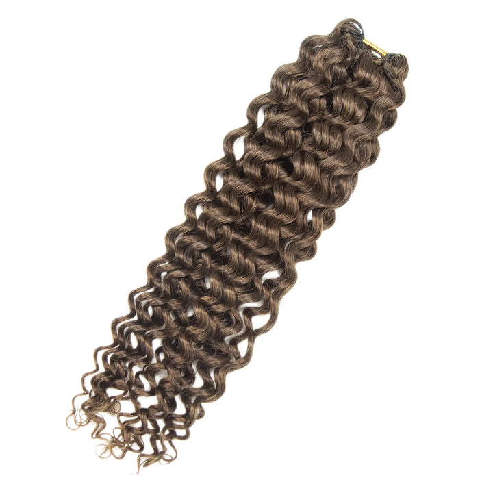 Detailed view of Ywigs Customized #4 Medium Brown Water Wave Human Crochet Hair showing natural brown dimension and full wave texture