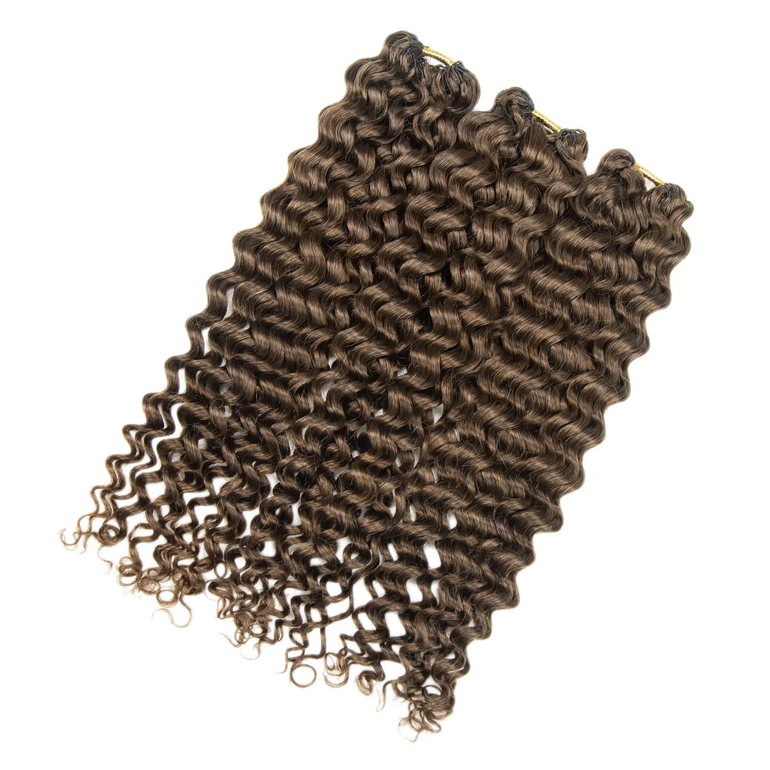 Ywigs Customized #4 Medium Brown Water Wave Human Crochet Hair three bundles showing full wave texture