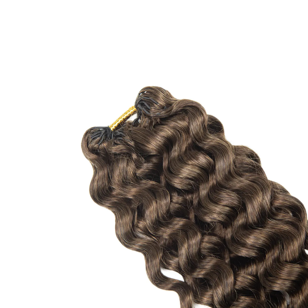 Top view of Ywigs Customized #4 Medium Brown Water Wave Human Crochet Hair showing neat strands and warm brown color