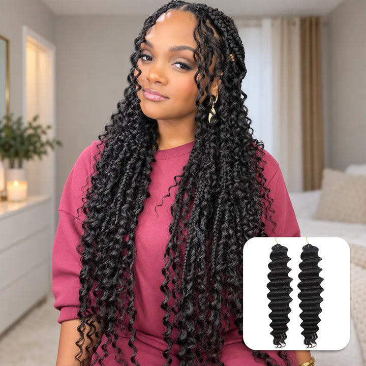miracle-knots-front	Ywigs Natural Black Deep Wave human crochet hair front view for miracle knots style