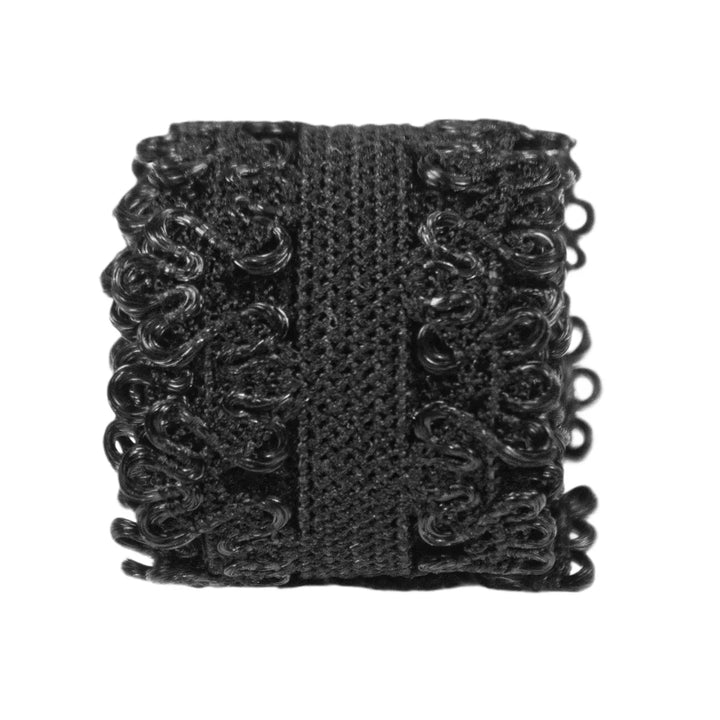 Black elastic lace band displayed flat to show its overall design.