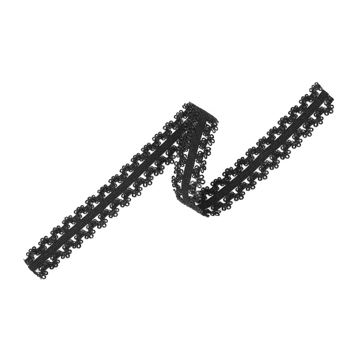 Flexible black elastic lace band arranged in a zigzag shape.