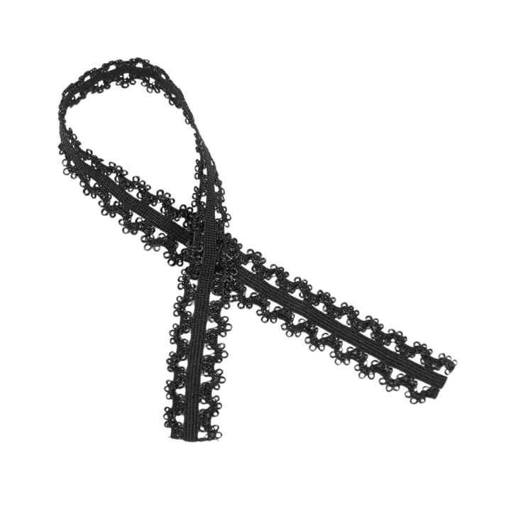 Close-up of the loop design on a black elastic lace band.