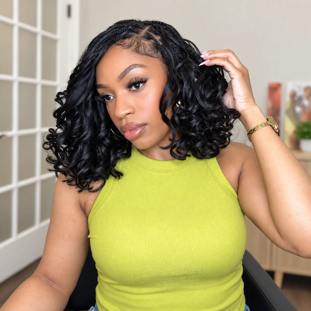 Side angle of Ywigs french curl human crochet hair showing full volume and natural bounce for crochet braids