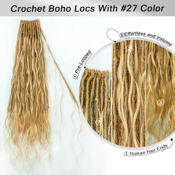 #27 Honey Blonde Pre-looped Crochet Boho Locs with Human Hair Curls