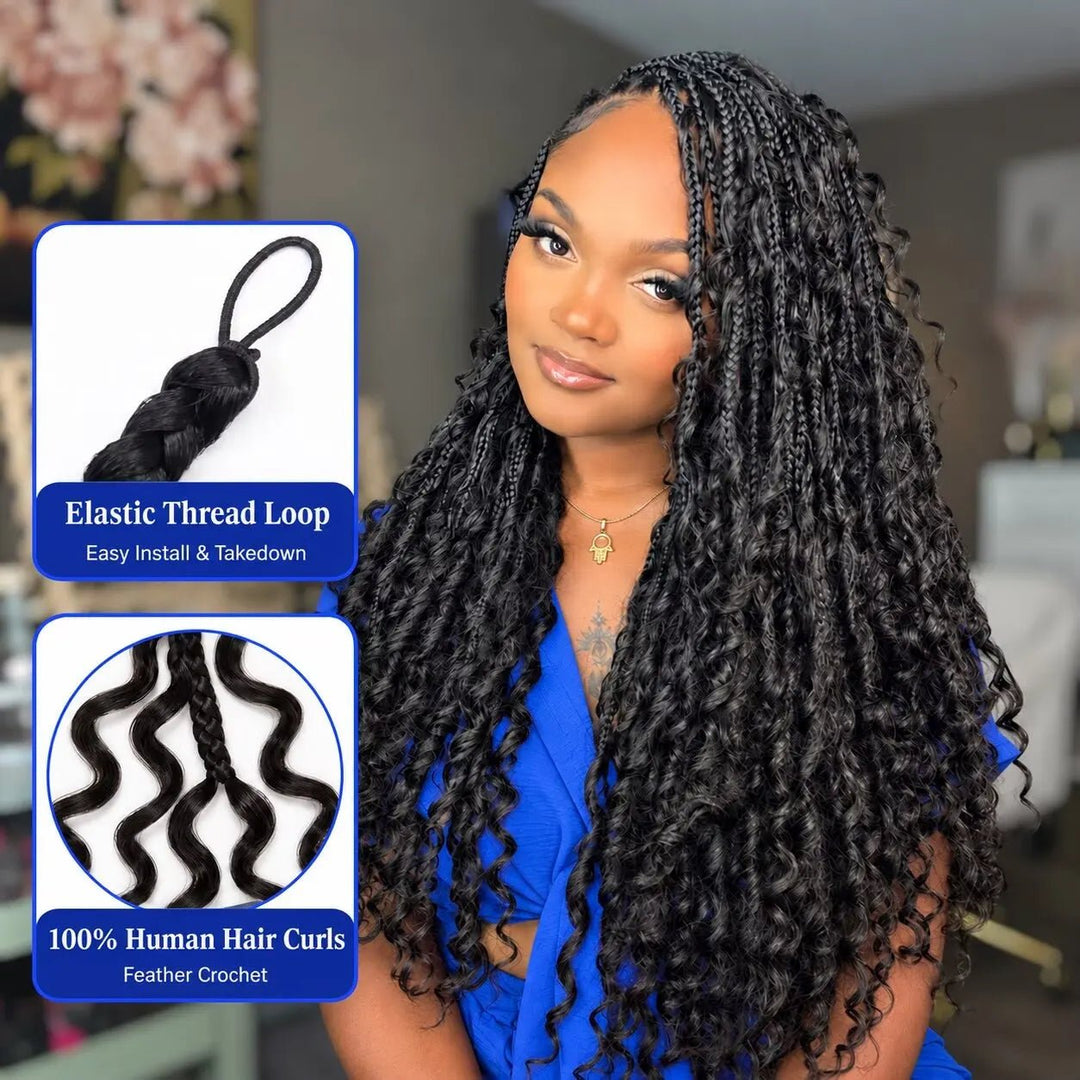 Model wearing Ywigs Individual Elastic Loop Pre-Braided Miracle Knots with Deep Curl 22 inch, showing long braids and curly ends