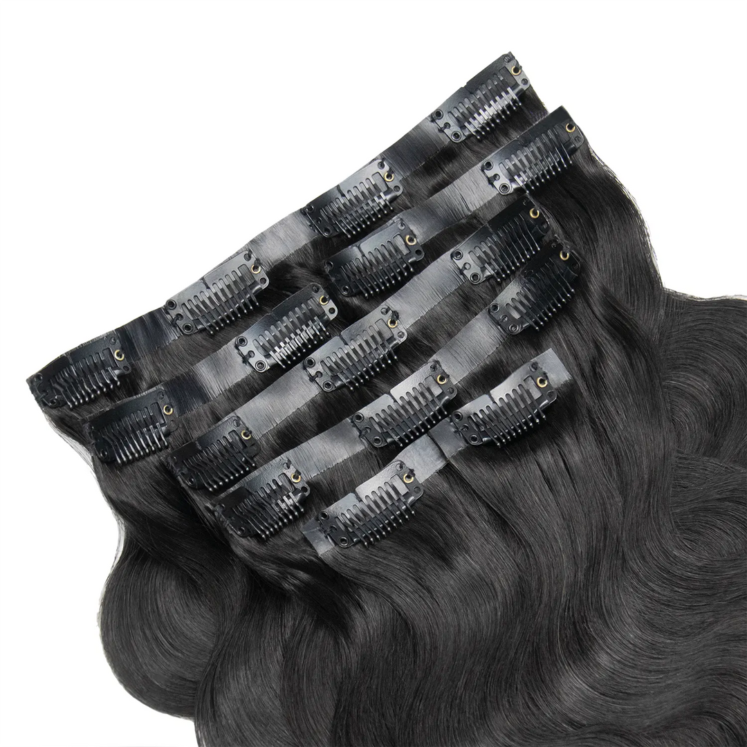 Ywigs Invisible Edge Clip In Body Wave Hair Extensions set showing multiple wefts and full wave texture