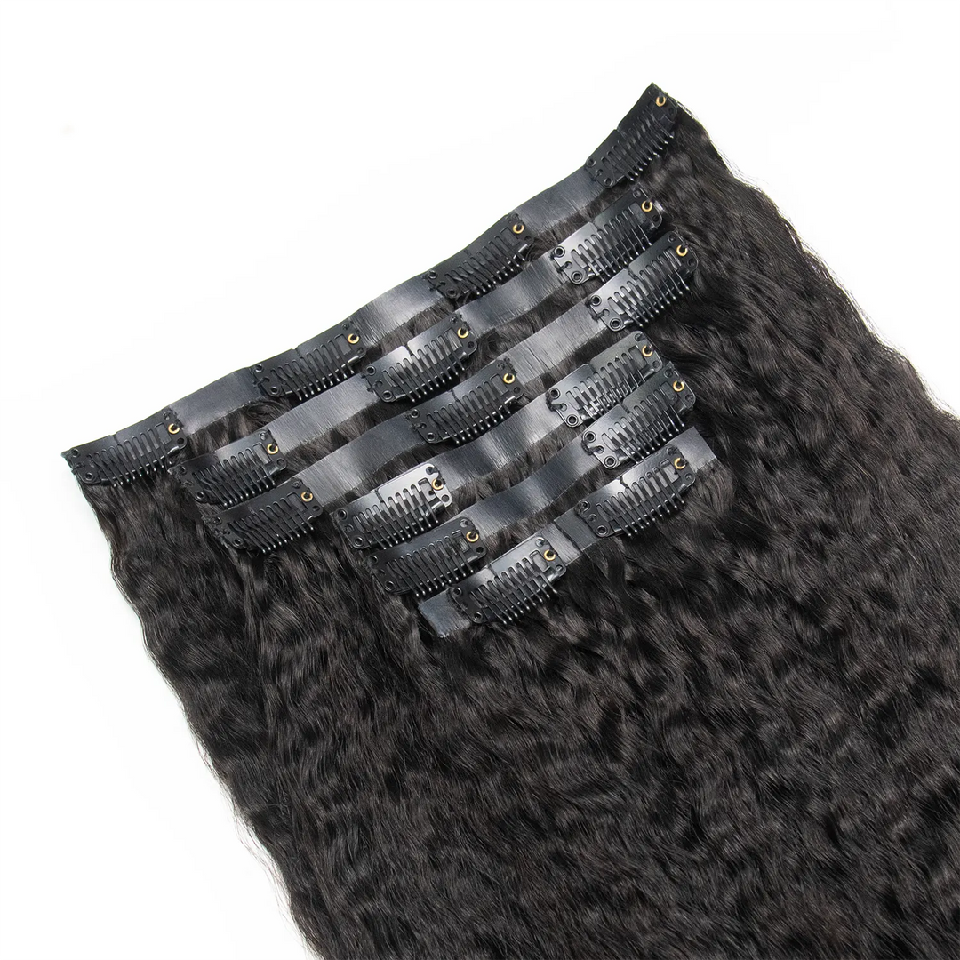Ywigs Invisible Edge Clip In Kinky Straight Hair Extensions set showing multiple wefts and full texture