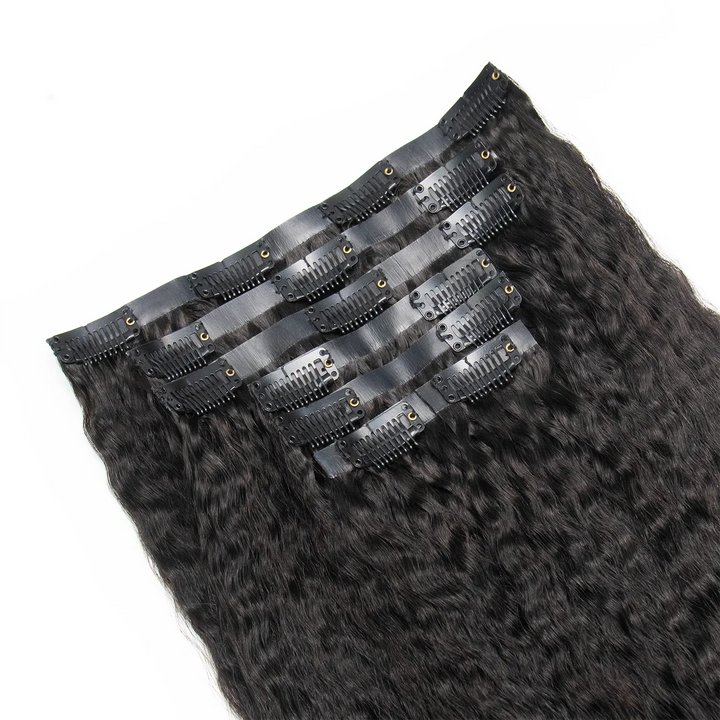 Ywigs Invisible Edge Clip In Kinky Straight Hair Extensions set showing multiple wefts and full texture
