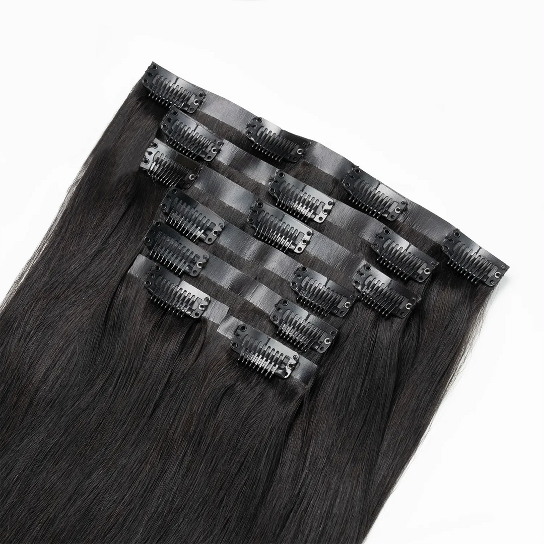Ywigs Invisible Edge Clip In Silky Straight Hair Extensions set showing multiple wefts and full length