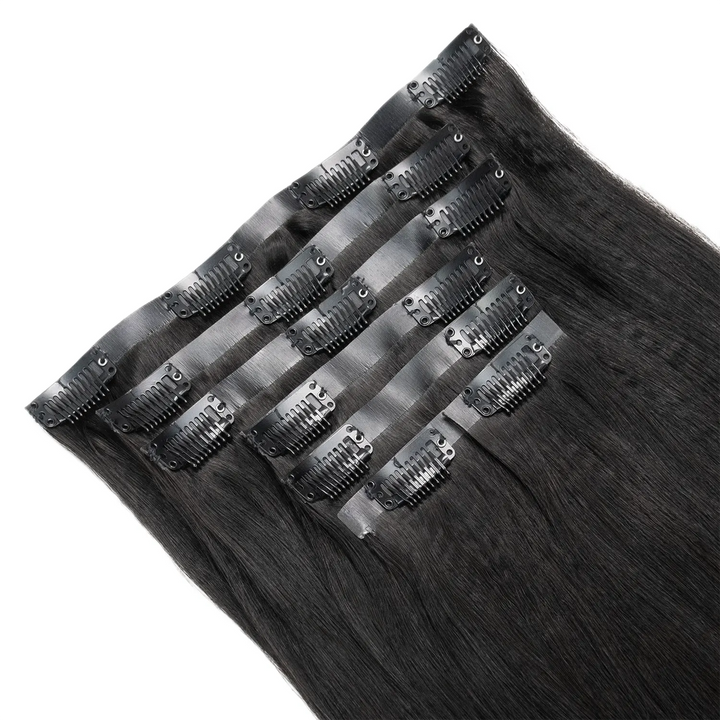 Ywigs Invisible Edge Clip In Yaki Straight Hair Extensions set showing multiple wefts and full texture