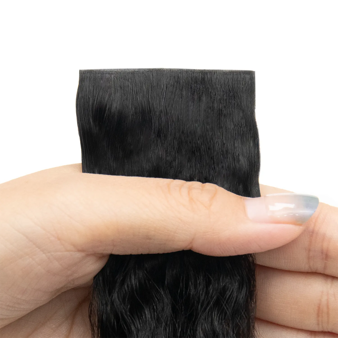 Close-up of Ywigs Invisible Edge Clip In Kinky Straight Hair Extensions showing defined kinky straight texture and natural movement