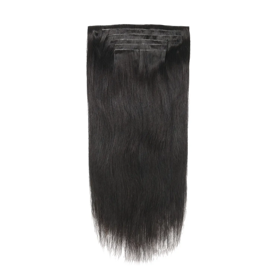 Detailed view of Ywigs Invisible Edge Clip In Silky Straight Hair Extensions showing full length and silky texture