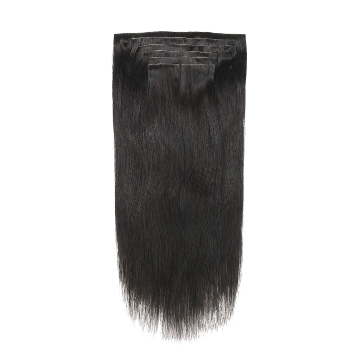 Detailed view of Ywigs Invisible Edge Clip In Silky Straight Hair Extensions showing full length and silky texture