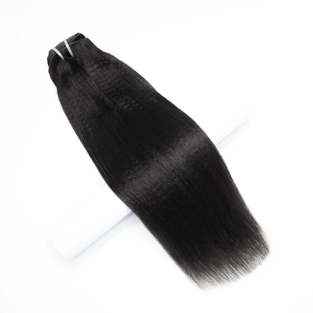 Close-up of Ywigs Yaki Straight Clip In Hair Extensions ends showing natural texture and smooth finish