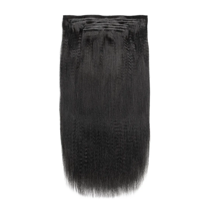 Detailed view of Ywigs Invisible Edge Clip In Yaki Straight Hair Extensions showing full volume and textured pattern