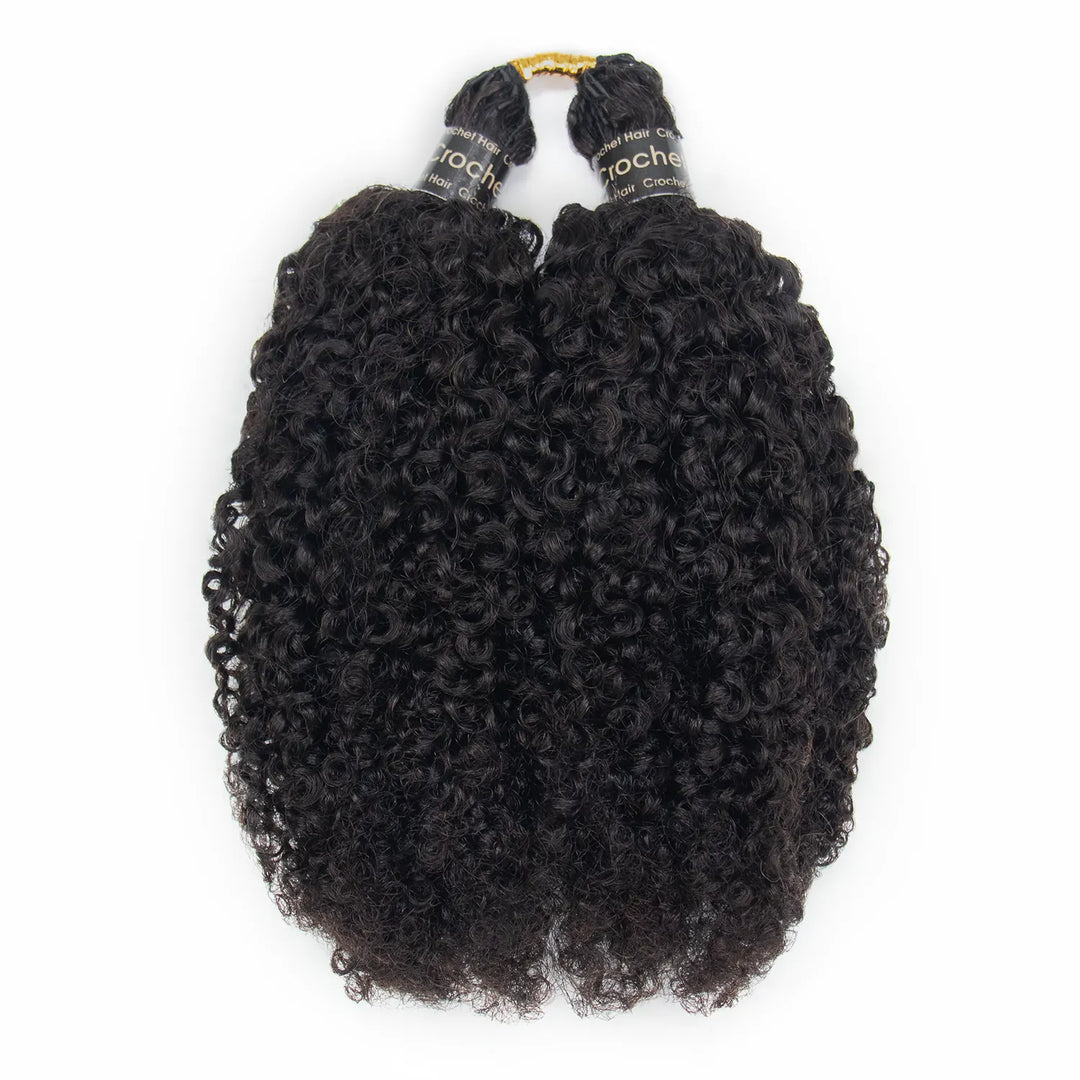 Single bundle of Ywigs Kinky Curly Crochet Human Hair in natural black with dense, defined curls.