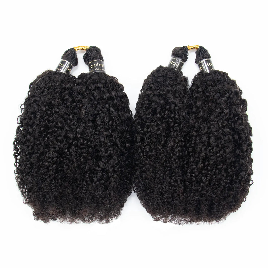 Two bundles of Ywigs Kinky Curly Crochet Human Hair in natural black, featuring full, tightly coiled curls.