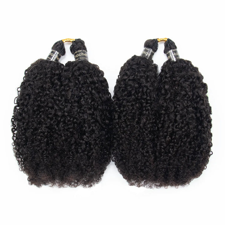 Two bundles of Ywigs Kinky Curly Crochet Human Hair in natural black, featuring full, tightly coiled curls.