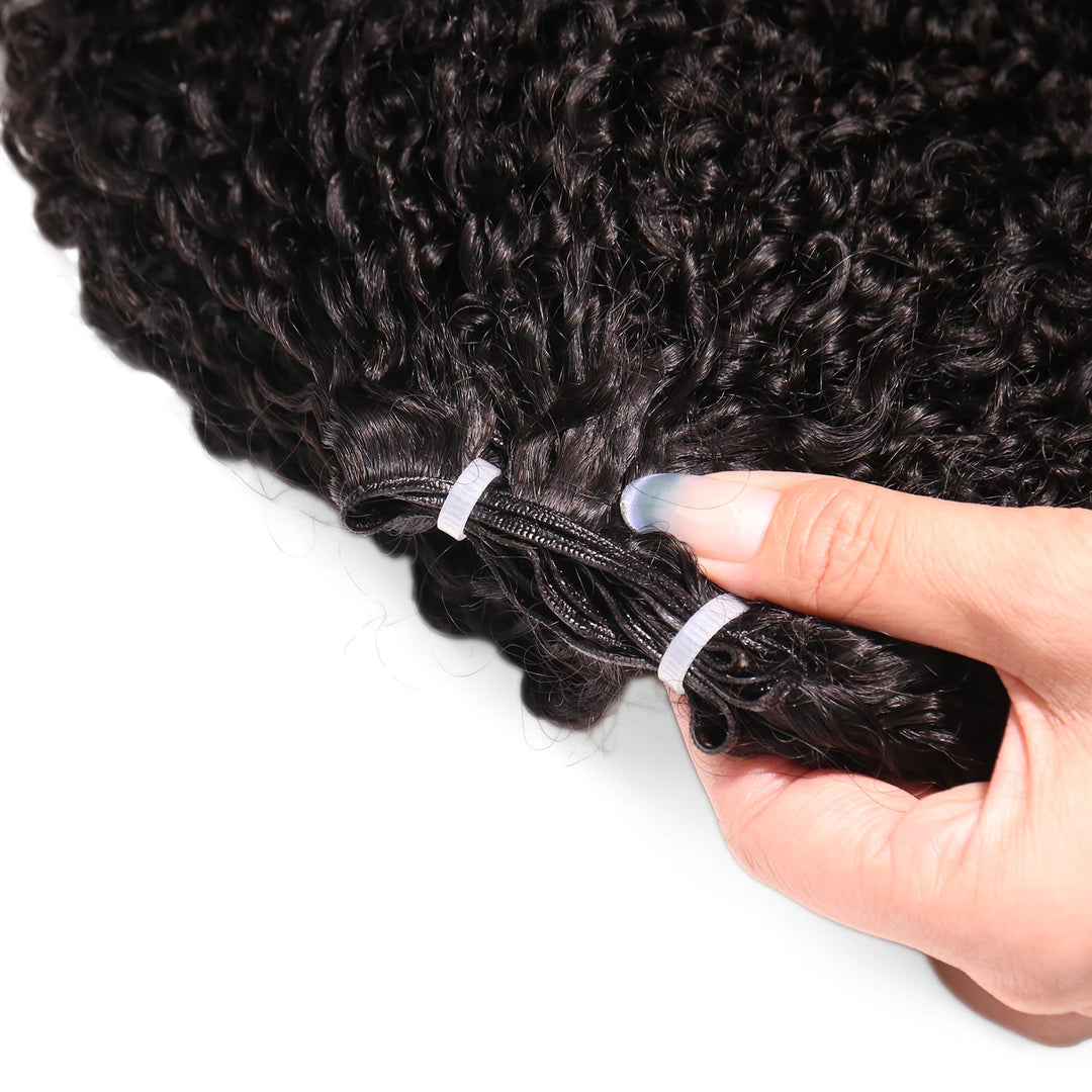 Close-up of Ywigs Kinky Curly Genius Weft Human Hair showing defined kinky curls and soft texture
