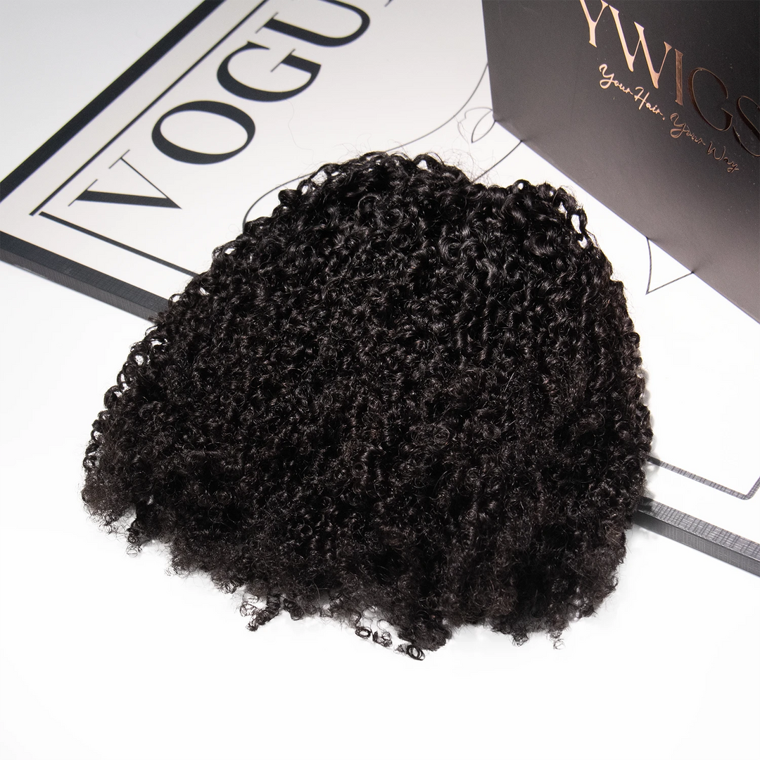 Detailed view of Ywigs Kinky Curly Genius Weft Human Hair showing full volume and defined curly texture