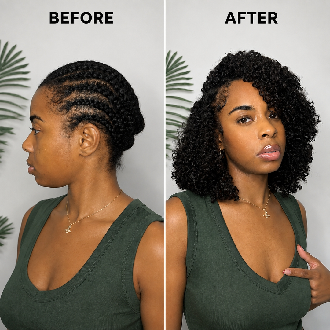 Before and after installation of Ywigs Natural Black curly human crochet hair for crochet braids transformation
