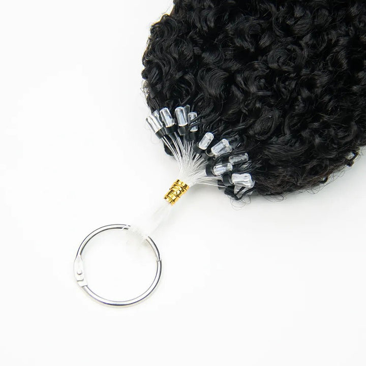 Close-up of Ywigs Kinky Curly Micro Loop Hair Extension showing the attached micro loop